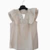 Blouse sans manches femme en coton beige – Col V dentelle et volants élégants - Beige