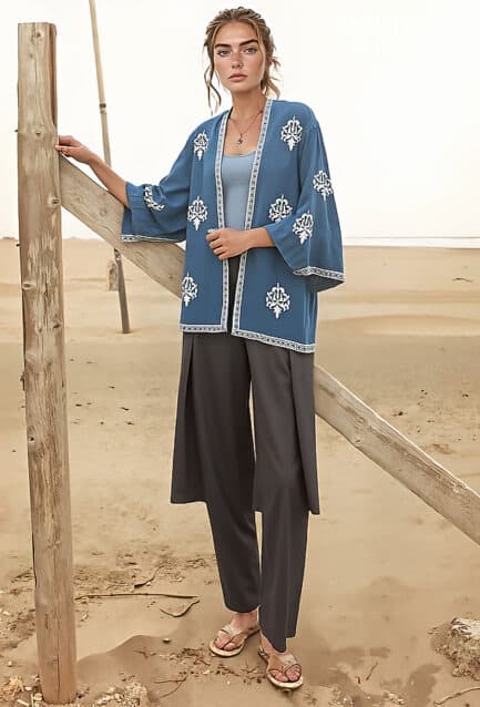 Kimono en bleu jeans brodé